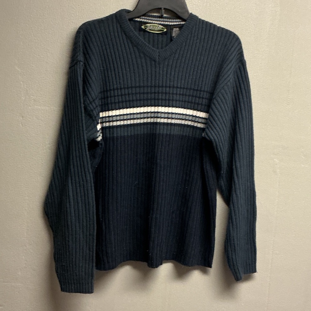 Classic V-Neck Sweater in Navy with Stripes